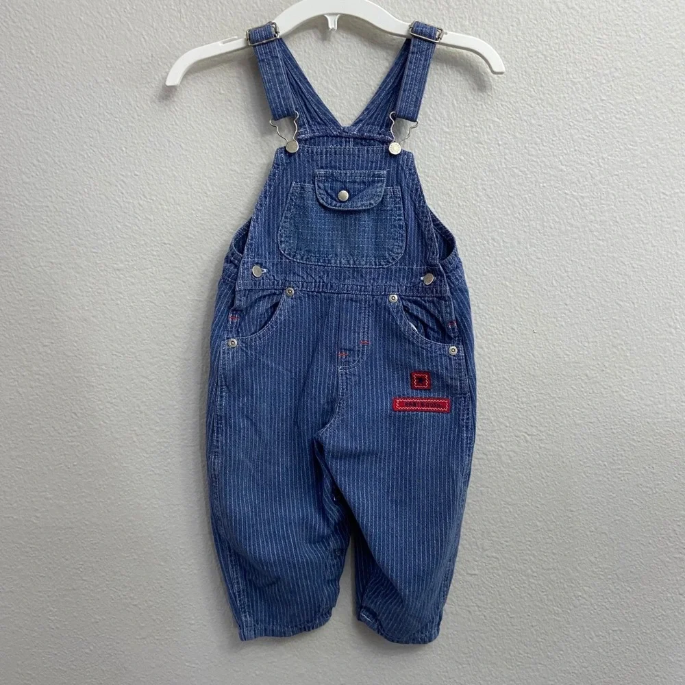 Baby OshKosh B'gosh Boys 24M Blue Pinstripe Railroad Denim‎ Overalls Vintage